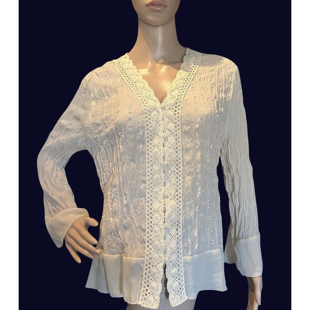 Araz Vintage Ivory Sheer Lace‎ Eyelet Blouse Bell Sleeves, Feminine Women Size M